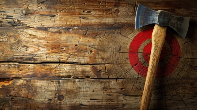Axe with wooden handle targeting center of makeshift bullseye on rustic backdrop