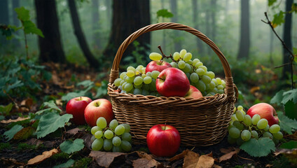 Red apples and green grapes in a wicker basket, set on a forest floor covered with leaves and soft mist in the background.