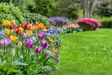Obraz premium Beautiful spring garden. The green lawn emphasizes the blooming flowers in the garden. A diverse spectrum of colorful flowers, panoramic views of natural beauty , ai