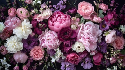 Lush dark bouquet made of pink purple and white flowers floral arrangement with peony rose and wildflowers center design element or motif for cards wedding stationery covers posters packaging