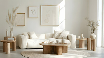 A cozy and modern living room featuring a white sofa, wooden tables, and stylish decor creating a serene atmosphere.