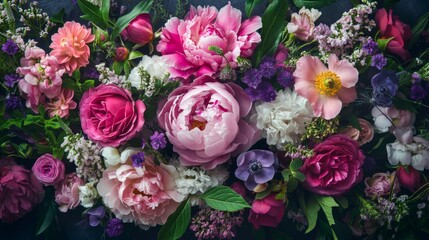 Lush dark bouquet made of pink purple and white flowers floral arrangement with peony rose and wildflowers center design element or motif for cards wedding stationery covers posters packaging
