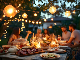 A cozy outdoor dinner gathering illuminated by string lights, featuring delicious food and joyful friends enjoying the evening.