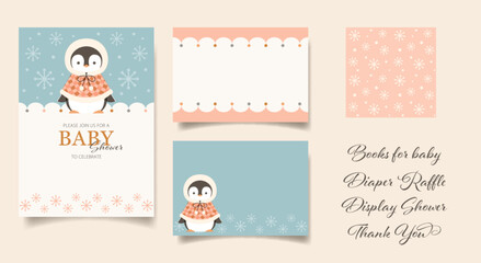 Set of winter Baby Shower invitation, insert card designs, and coordinated seamless pattern featuring adorable baby penguin and snowflakes.