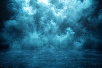 Fototapeta premium Ethereal mist swirling in a dark, expansive space with a cool, glowing blue hue. Perfect for fantasy or abstract themes, product placement, and creating a mysterious atmosphere.
