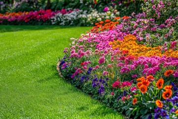 Obraz premium Beautiful spring garden. The green lawn emphasizes the blooming flowers in the garden. A diverse spectrum of colorful flowers, panoramic views of natural beauty , ai