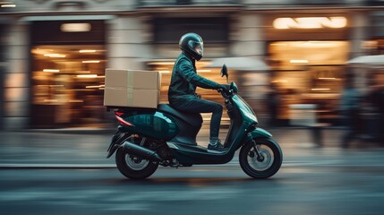 Fototapeta premium Courier on a scooter delivering packages in an urban street, wearing a helmet, riding during the day with motion blur.