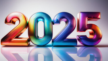 「2025」という数字がカラフルでメタリックな質感で描かれており、背景に光沢と反射が映し出されています。未来的で鮮やかなデザインが、新年や未来への期待を表現しています。数字の立体感が強調され、モダンでポップな印象を与えます。generative AI