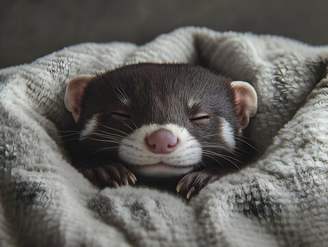 A cute ferret snuggled in a cozy blanket, showcasing its adorable expression and peaceful demeanor.