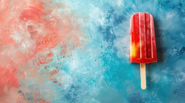 Vibrant red popsicle on blue textured background with cool, frosty appearance