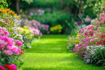 Naklejka premium Beautiful spring garden. The green lawn emphasizes the blooming flowers in the garden. A diverse spectrum of colorful flowers, panoramic views of natural beauty , ai