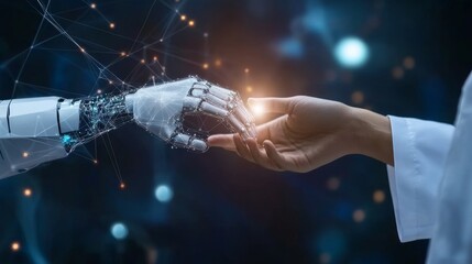Hand Touching global network connection on healthcare telemedicine AI IoT data analytics and robotics revolutionizing medical services.