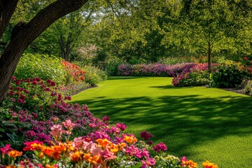 Beautiful spring garden. The green lawn emphasizes the blooming flowers in the garden. A diverse spectrum of colorful flowers, panoramic views of natural beauty , ai