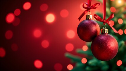 Fototapeta premium Red Christmas baubles on a tree with glowing bokeh lights in the background