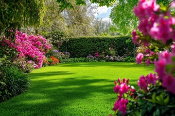 Beautiful spring garden. The green lawn emphasizes the blooming flowers in the garden. A diverse spectrum of colorful flowers, panoramic views of natural beauty , ai