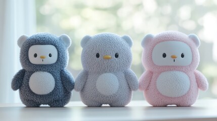 Cute plush toys of penguins in various colors lined up on a windowsill with natural light in the background.
