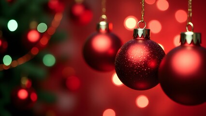 Red Christmas baubles on a tree with glowing bokeh lights in the background