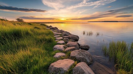 Fototapeta premium Sunset view of a narrow rocky path leading into the water with the sky transitioning from warm to cool tones as it meets the horizon.