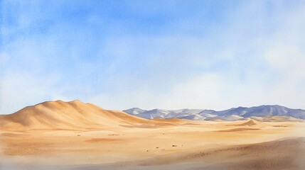 Naklejka premium Watercolor painting of a desert landscape with mountains and a blue sky.