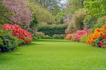 Beautiful spring garden. The green lawn emphasizes the blooming flowers in the garden. A diverse spectrum of colorful flowers, panoramic views of natural beauty , ai