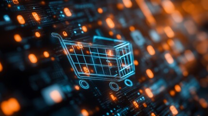 Digital shopping cart icon on a futuristic blue and orange neon background symbolizing e-commerce, technology, and online shopping.