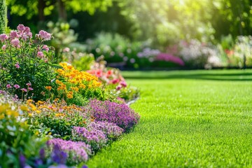 Beautiful spring garden. The green lawn emphasizes the blooming flowers in the garden. A diverse spectrum of colorful flowers, panoramic views of natural beauty , ai