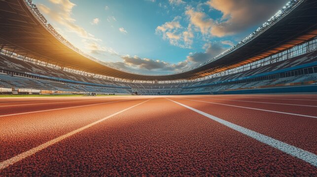Red running track in stadium.