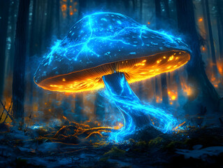 Naklejka premium A luminous mushroom glows in the forest, illuminated by electric blue and orange lights, creating a magical and mystical atmosphere.