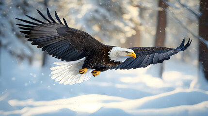 A majestic eagle soaring gracefully through a snowy forest, showcasing its powerful wings and striking presence in winter.