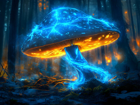A luminous mushroom glows in the forest, illuminated by electric blue and orange lights, creating a magical and mystical atmosphere.