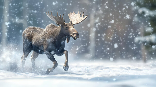 A majestic moose roams through a snowy landscape, showcasing the beauty of wildlife in winter's embrace.
