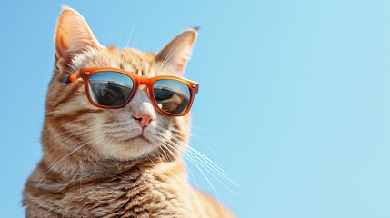 A stylish orange cat wearing sunglasses, enjoying a sunny day with a clear blue sky in the background.