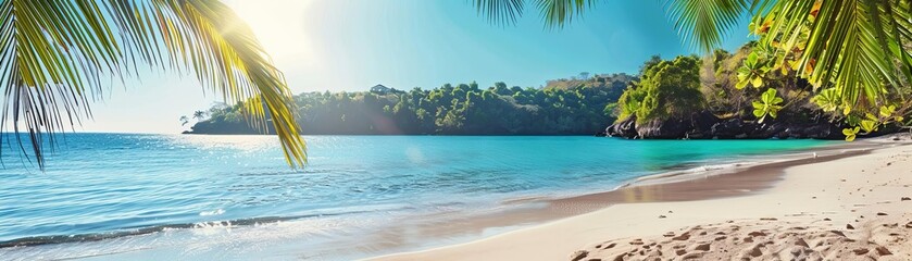 Obraz premium A serene tropical beach with palm trees, clear water, and soft sand, perfect for relaxation and vacations under the sun.