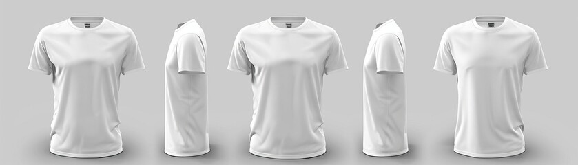 A collection of white t-shirts displayed from different angles, ideal for fashion and clothing mockups.