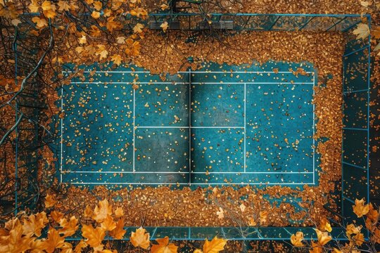 Aerial view of a tennis court covered with colorful autumn leaves, showcasing the beauty of nature and sport integration.