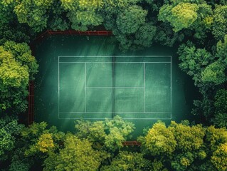 Aerial view of a tennis court surrounded by lush green trees, showcasing nature and sports in harmony.