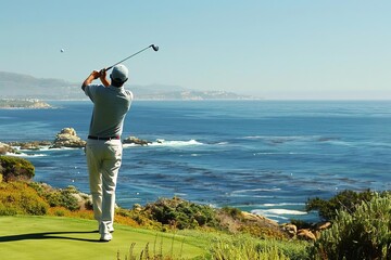 A golfer swings as he enjoys a picturesque coastal view, capturing the essence of sport and nature harmoniously combined.