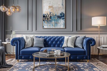 Elegant blue sofa in a beautifully designed living room, featuring stylish decor and modern lighting.