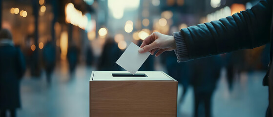 A person casts a ballot into a wooden ballot box, symbolizing democracy and civic engagement in a bustling urban setting.