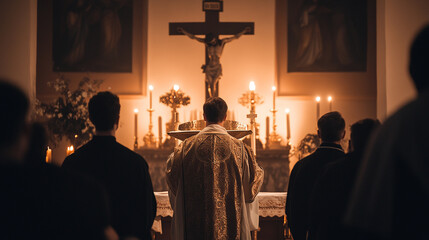 Priest Holding Eucharist During Mass with Reverent Congregation and Ornate Crucifix