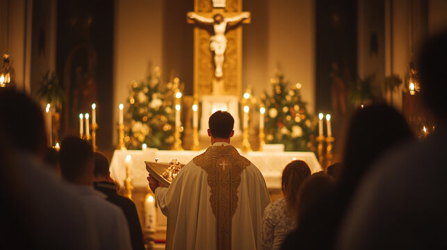 Priest Holding Eucharist During Mass with Reverent Congregation and Ornate Crucifix