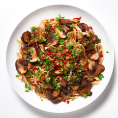 Delicious Plate of vegetarian Mushroom Pasta on a White Background