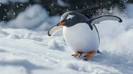 Fototapeta premium A playful penguin waddling through the snow, showcasing its vibrant personality against a winter wonderland backdrop.
