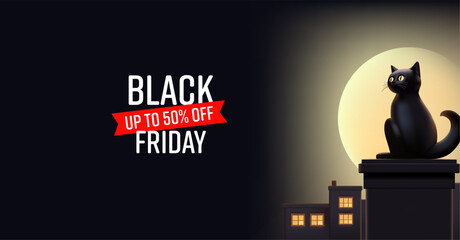 3D black cat sitting on a roof, or chimney, against the background of a night city and moonlight. Black Friday. For advertising discounts and sales. Mystical beautiful banner. Vector