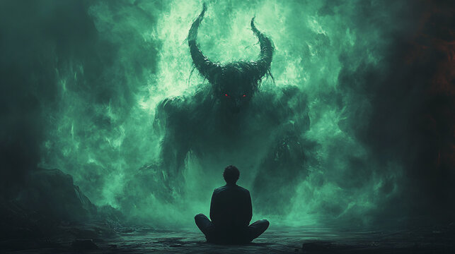 A man confronts a cunning and tempting devil in a dramatic and unsettling atmosphere.