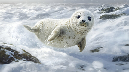 A playful seal splashes through ocean waves, showcasing its adorable features and vibrant environment. A captivating marine moment.