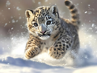 A playful snow leopard cub leaps through the snow, embodying the spirit of wild innocence and adventure in a frozen landscape.