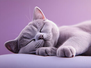 A serene and adorable gray cat peacefully sleeping in a cozy setting, showcasing tranquility and cuteness.