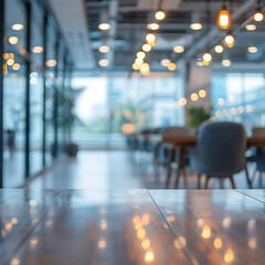 Empty wood table top with abstract bokeh background, product display montage