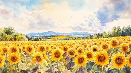 Fototapeta premium Watercolor painting of a field of sunflowers in a landscape with mountains in the background.